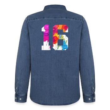 FARBIG NUMMER 16 BUNT 16. GEBURTSTAG - Männer Jeanshemd Organic von Stanley/Stella - verwaschenes Mittelblau  - Hinten - AI Model Male 185 light (185cm)