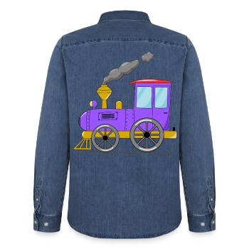Children's train railway purple - Men’s Organic Denim Shirt by Stanley/Stella - mid washy  - Back - AI Model Male 185 light (185cm)