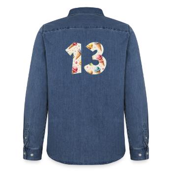 CREAM NUMBER 13 YEARS CREAM 13TH BIRTHDAY - Men’s Organic Denim Shirt by Stanley/Stella - mid washy  - Back - AI Model Male 185 light (185cm)