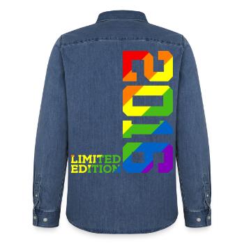 LGBTQ 2016 RAINBOW QUEER 9TH BIRTHDAY PRIDE - Men’s Organic Denim Shirt by Stanley/Stella - mid washy  - Back - AI Model Male 185 light (185cm)