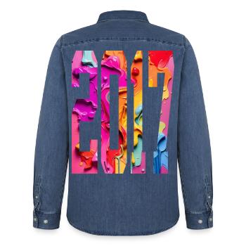 COLORFUL 9TH BIRTHDAY 2017 - Men’s Organic Denim Shirt by Stanley/Stella - mid washy  - Back - AI Model Male 185 light (185cm)