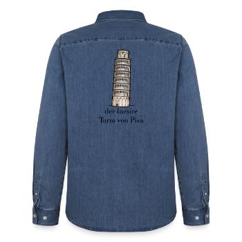 the cursive tower of Pisa - crooked versus italic - Men’s Organic Denim Shirt by Stanley/Stella - mid washy  - Back - AI Model Male 185 light (185cm)