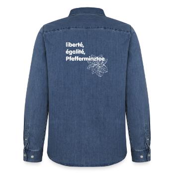 Liberté Egalité Pfefferminztee - Männer Jeanshemd Organic von Stanley/Stella - verwaschenes Mittelblau  - Hinten - AI Model Male 185 light (185cm)