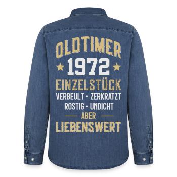 LUSTIG 54. GEBURTSTAG OLDTIMER 1972 EINZELSTÜCK - Männer Jeanshemd Organic von Stanley/Stella - verwaschenes Mittelblau  - Hinten - AI Model Male 185 light (185cm)