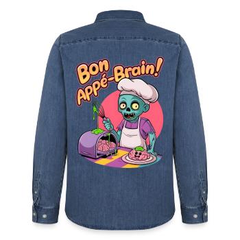 Bon Appé-cerveau ! - Chemise en denim homme bio Stanley/Stella - bleu moyen délavé  - Dos - AI Model Male 185 light (185cm)
