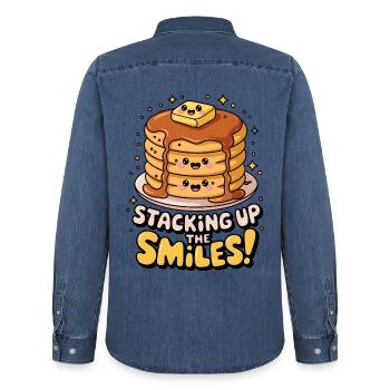 Staking Up The Smiles ! - Chemise en denim homme bio Stanley/Stella - bleu moyen délavé  - Dos - AI Model Male 185 light (185cm)