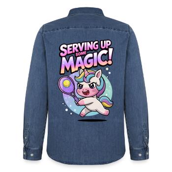 Serving Up Some Magic! - Men’s Organic Denim Shirt by Stanley/Stella - mid washy  - Back - AI Model Male 185 light (185cm)