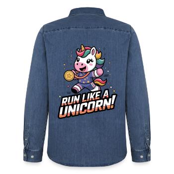 Run Like A Unicorn! - Men’s Organic Denim Shirt by Stanley/Stella - mid washy  - Back - AI Model Male 185 light (185cm)