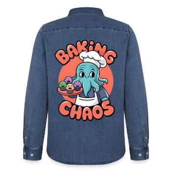 Baking Chaos - Men’s Organic Denim Shirt by Stanley/Stella - mid washy  - Back - AI Model Male 185 light (185cm)