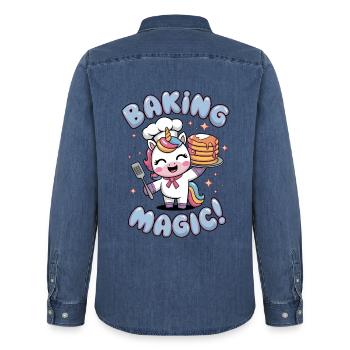 Baking Magic! - Men’s Organic Denim Shirt by Stanley/Stella - mid washy  - Back - AI Model Male 185 light (185cm)