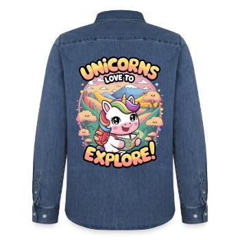 Unicorns Love To Explore! - Men’s Organic Denim Shirt by Stanley/Stella - mid washy  - Back - AI Model Male 185 light (185cm)