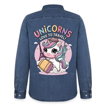 Unicorns Love To Travel! - Men’s Organic Denim Shirt by Stanley/Stella - mid washy  - Back - AI Model Male 185 light (185cm)