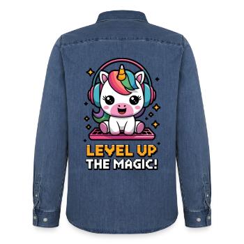 Level Up The Magic! - Men’s Organic Denim Shirt by Stanley/Stella - mid washy  - Back - AI Model Male 185 light (185cm)