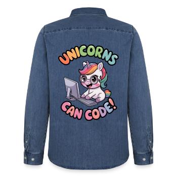 Unicorns Can Code! - Men’s Organic Denim Shirt by Stanley/Stella - mid washy  - Back - AI Model Male 185 light (185cm)