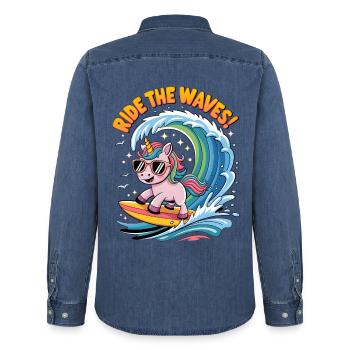 Ride The Waves! - Men’s Organic Denim Shirt by Stanley/Stella - mid washy  - Back - AI Model Male 185 light (185cm)