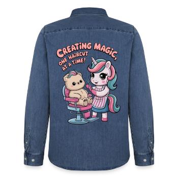 Creating Magic, One Haircut At A Time! - Men’s Organic Denim Shirt by Stanley/Stella - mid washy  - Back - AI Model Male 185 light (185cm)