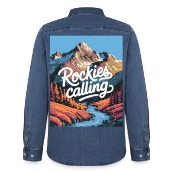 Rockies Calling - Men’s Organic Denim Shirt by Stanley/Stella - mid washy  - Back - AI Model Male 185 light (185cm)