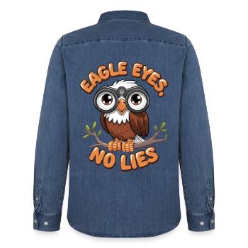 Des yeux d’aigle, pas de mensonges - Chemise en denim homme bio Stanley/Stella - bleu moyen délavé  - Dos - AI Model Male 185 light (185cm)