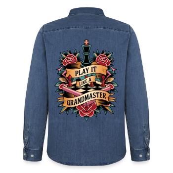 Play It Like A Grandmaster - Men’s Organic Denim Shirt by Stanley/Stella - mid washy  - Back - AI Model Male 185 light (185cm)