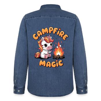 Magie du feu de camp - Chemise en denim homme bio Stanley/Stella - bleu moyen délavé  - Dos - AI Model Male 185 light (185cm)