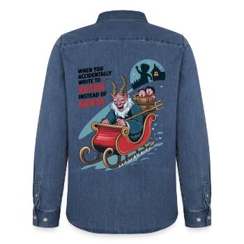 Accidentally Write To Satan Instead Of Santa - Men’s Organic Denim Shirt by Stanley/Stella - mid washy  - Back - AI Model Male 185 light (185cm)