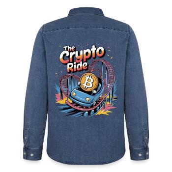 The Crypto Ride - Men’s Organic Denim Shirt by Stanley/Stella - mid washy  - Back - AI Model Male 185 light (185cm)
