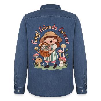 Fungi Friends Forever - Men’s Organic Denim Shirt by Stanley/Stella - mid washy  - Back - AI Model Male 185 light (185cm)