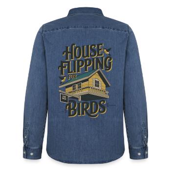 Retournement de maison pour les oiseaux - Chemise en denim homme bio Stanley/Stella - bleu moyen délavé  - Dos - AI Model Male 185 light (185cm)