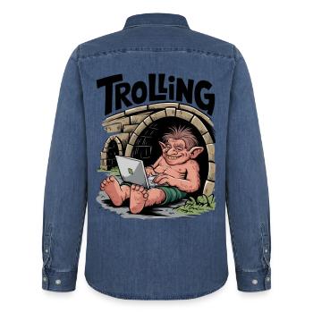 Trolling - Men’s Organic Denim Shirt by Stanley/Stella - mid washy  - Back - AI Model Male 185 light (185cm)