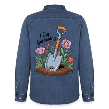 I Dig Gardening - Men’s Organic Denim Shirt by Stanley/Stella - mid washy  - Back - AI Model Male 185 light (185cm)