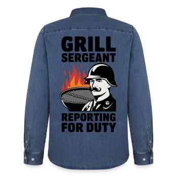 Grill Sergeant Reporting For Duty - Men’s Organic Denim Shirt by Stanley/Stella - mid washy  - Back - AI Model Male 185 light (185cm)
