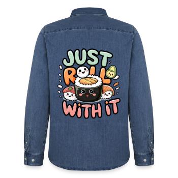 Just Roll With It - Men’s Organic Denim Shirt by Stanley/Stella - mid washy  - Back - AI Model Male 185 light (185cm)