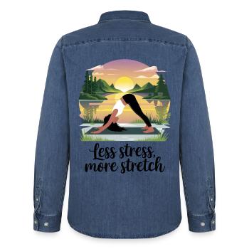 Less Stress, More Stretch - Men’s Organic Denim Shirt by Stanley/Stella - mid washy  - Back - AI Model Male 185 light (185cm)