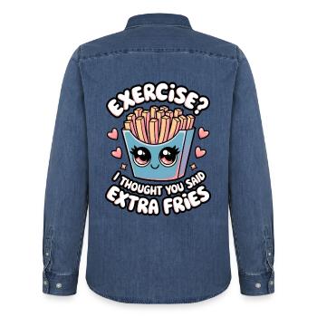 Exercise? I Thought You Said Extra Fries - Men’s Organic Denim Shirt by Stanley/Stella - mid washy  - Back - AI Model Male 185 light (185cm)
