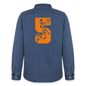 NUMÉRO 5 BASKETBALL 5E ANNIVERSAIRE - Chemise en denim homme bio Stanley/Stella - bleu moyen délavé  - Dos - AI Model Male 185 light (185cm)