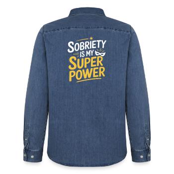 La sobriété est mon superpouvoir : la vie sobre et alcoolique - Chemise en denim homme bio Stanley/Stella - bleu moyen délavé  - Dos - AI Model Male 185 light (185cm)