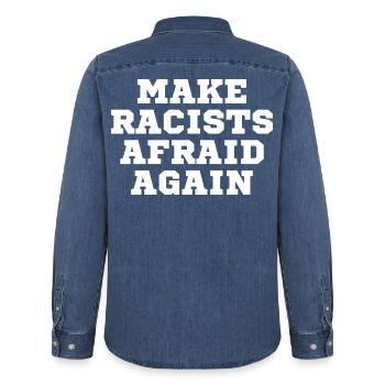 Racists scare again - Men’s Organic Denim Shirt by Stanley/Stella - mid washy  - Back - AI Model Male 185 light (185cm)