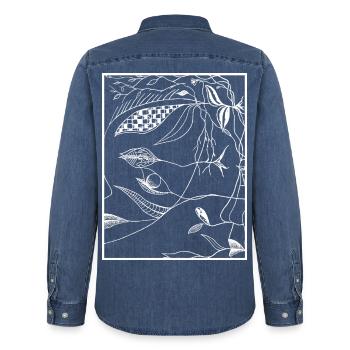 Dark Botanical Lines - Men’s Organic Denim Shirt by Stanley/Stella - mid washy  - Back - AI Model Male 185 light (185cm)