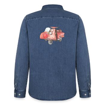 Vintage scooter avec side-car - Chemise en denim homme bio Stanley/Stella - bleu moyen délavé  - Dos - AI Model Male 185 light (185cm)