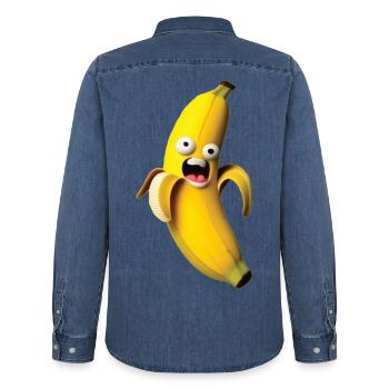 Expressive banana figure with a face - Men’s Organic Denim Shirt by Stanley/Stella - mid washy  - Back - AI Model Male 185 light (185cm)