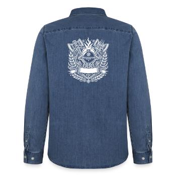 Grill BBQ Logo - Men’s Organic Denim Shirt by Stanley/Stella - mid washy  - Back - AI Model Male 185 light (185cm)