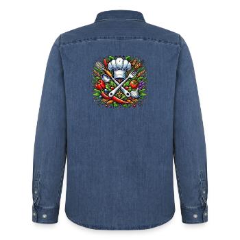 Koch Logo - Chemise en denim homme bio Stanley/Stella - bleu moyen délavé  - Dos - AI Model Male 185 light (185cm)