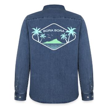 Bora Bora Island Idyll Logo - Men’s Organic Denim Shirt by Stanley/Stella - mid washy  - Back - AI Model Male 185 light (185cm)