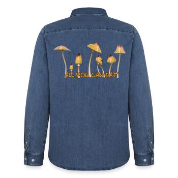 Magic Mushrooms Zauberpilze Psylos Pilze Party Fun - Men’s Organic Denim Shirt by Stanley/Stella - mid washy  - Back - AI Model Male 185 light (185cm)
