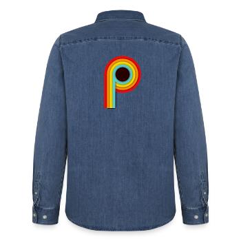 Retro Design Stripes P - Men’s Organic Denim Shirt by Stanley/Stella - mid washy  - Back - AI Model Male 185 light (185cm)