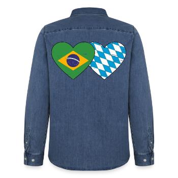 Brésil Bavière Drapeau Coeur utilisé - Chemise en denim homme bio Stanley/Stella - bleu moyen délavé  - Dos - AI Model Male 185 light (185cm)