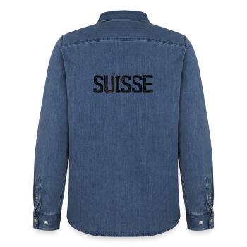 SUISSE. PAYS - Chemise en denim homme bio Stanley/Stella - bleu moyen délavé  - Dos - AI Model Male 185 light (185cm)
