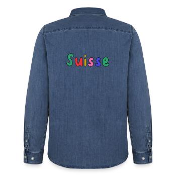 SUISSE. PAYS. GENEVE. HUMOUR. DRAPEAU - Chemise en denim homme bio Stanley/Stella - bleu moyen délavé  - Dos - AI Model Male 185 light (185cm)
