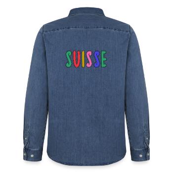 SUISSE. PAYS. GENEVE - Chemise en denim homme bio Stanley/Stella - bleu moyen délavé  - Dos - AI Model Male 185 light (185cm)