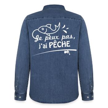 Je peux pas, j'ai pêche - Chemise en denim homme bio Stanley/Stella - bleu moyen délavé  - Dos - AI Model Male 185 light (185cm)